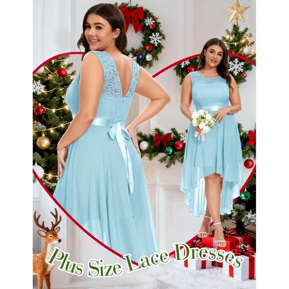 BeryLove Women Light Blue Chiffon Scoop Neck Sleeveless Lace Cocktail Dress - Picture 6 of 7